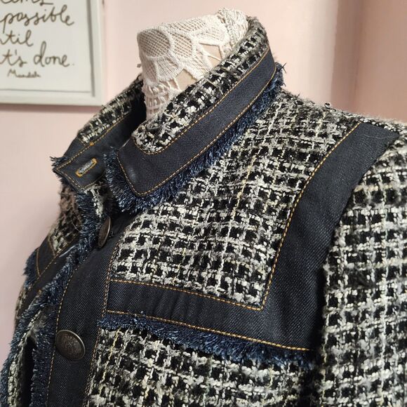 Flawless Morgan de toi unique tweed denim fringe unique jacket blazer T 40 L - Picture 2 of 13